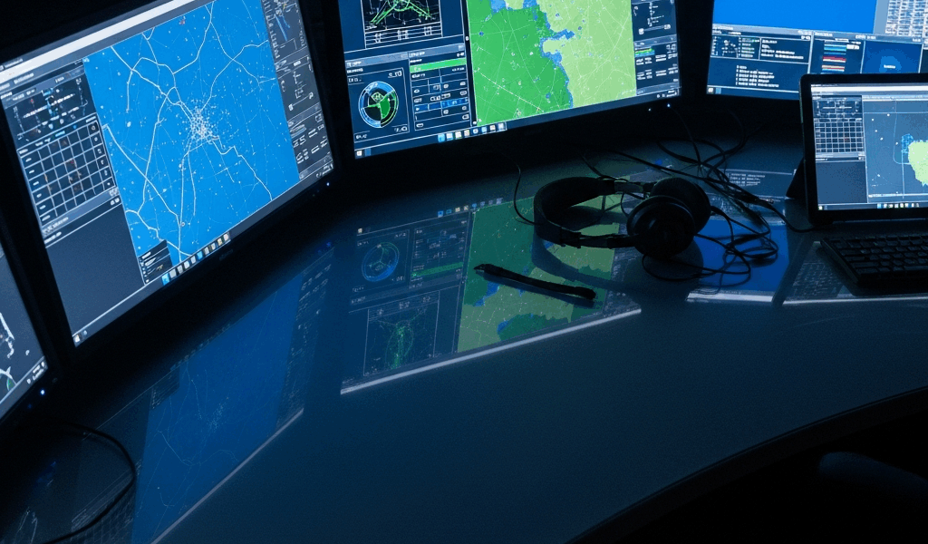 A modern military command center with multiple illuminated digital displays showing tactical maps an