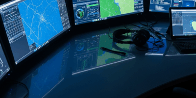 A modern military command center with multiple illuminated digital displays showing tactical maps an