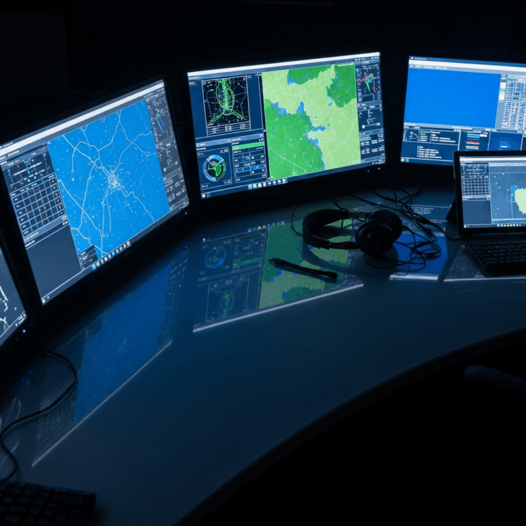 A modern military command center with multiple illuminated digital displays showing tactical maps an